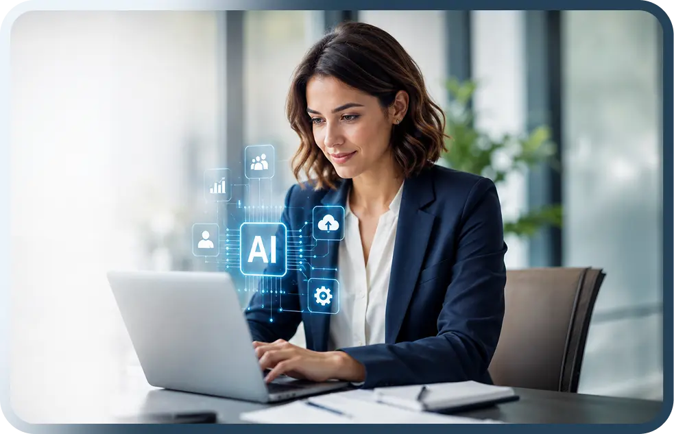 Nonprofit professional working with AI dashboard